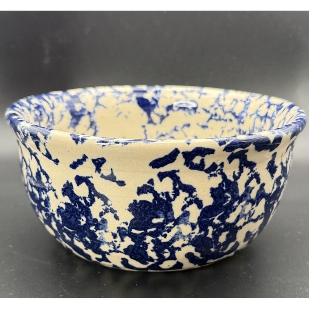 Vintage P.R. Storie Pottery Co. Blue Spongeware Stoneware Small Mixing Bowl EUC